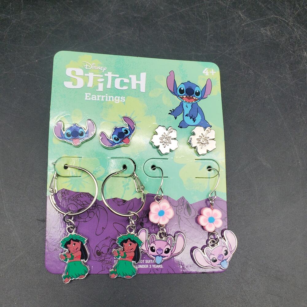 Disney Stitch Earrings Set Lilo Flower Hoop Stud Dangle Jewelry 6 Pair